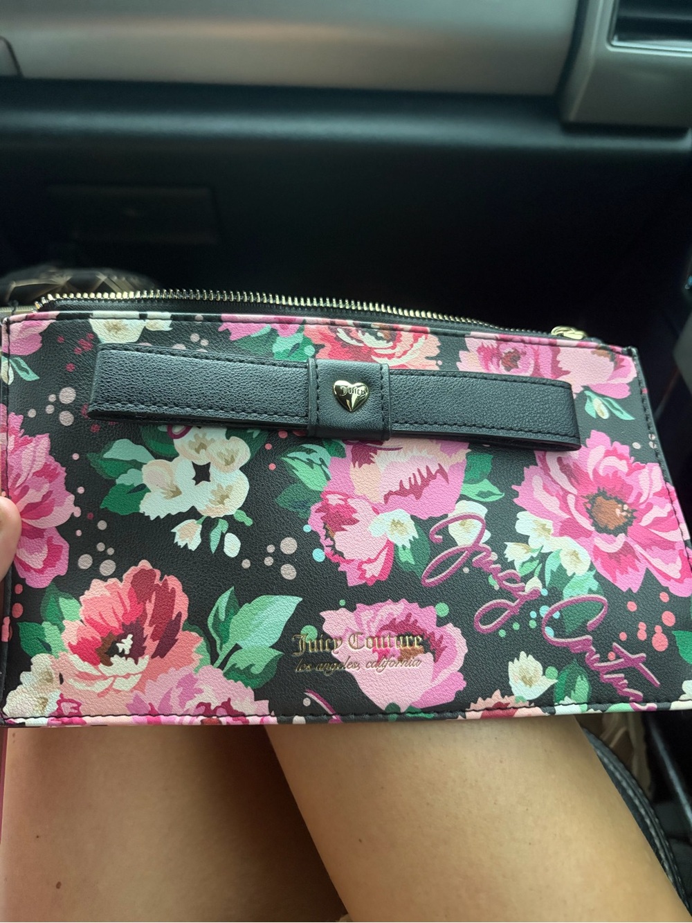Juicy Couture Black Floral Zip Wristlet with Pink & Green Accents